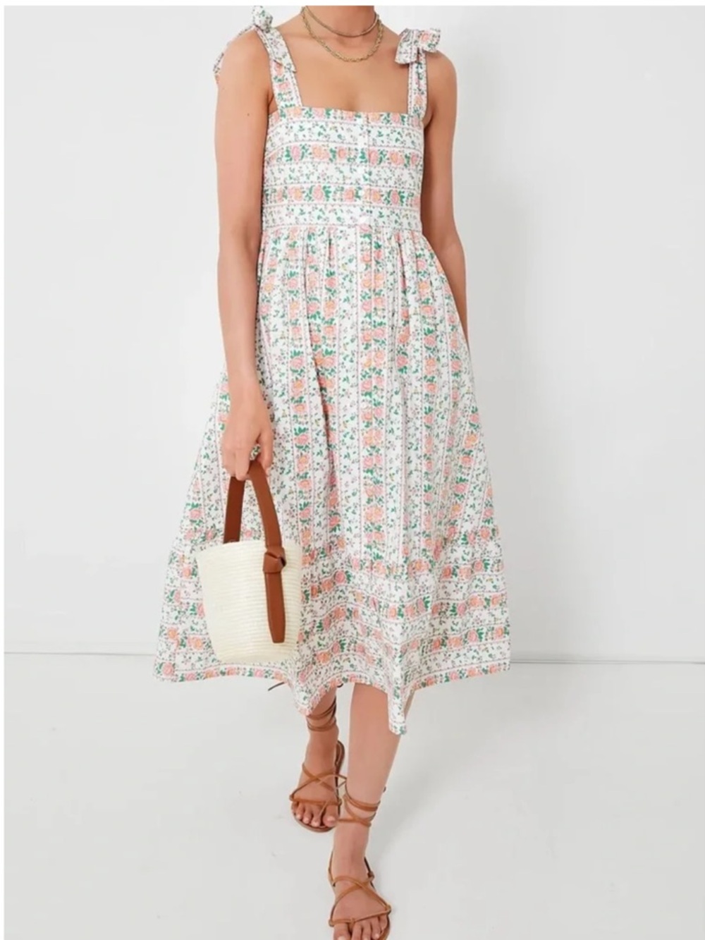 Floral Tie-Shoulder Midi Dress in White and Pink